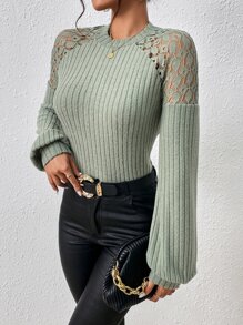 SHEIN Privé Guipure Lace Insert Raglan Sleeve Tee - Army Green - View 4