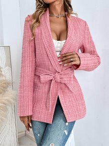 Plaid Print Shawl Collar Belted Overcoat - Pink - View 5