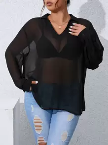 Celure Plus Drop Shoulder Sheer Blouse Without Bra - Black - View 1