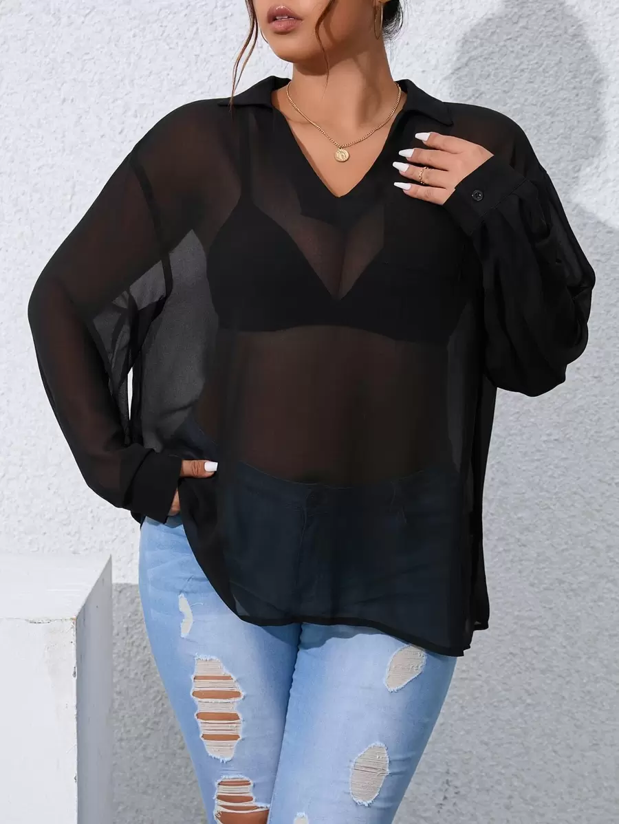 Celure Plus Drop Shoulder Sheer Blouse Without Bra - Black - View 1