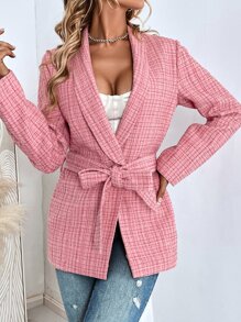 Plaid Print Shawl Collar Belted Overcoat - Pink - View 6