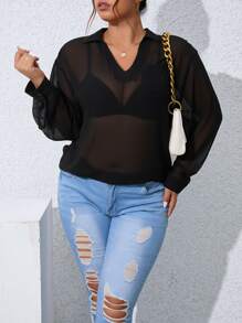 Celure Plus Drop Shoulder Sheer Blouse Without Bra - Black - View 4