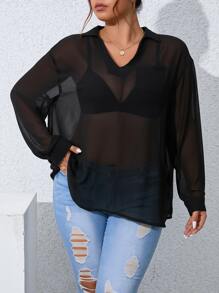 Celure Plus Drop Shoulder Sheer Blouse Without Bra - Black - View 5