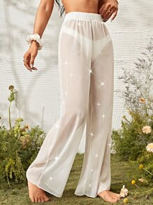 Elastic Waist Solid Sheer Cover Up Pants Without Panty - White - View 1