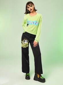 The Powerpuff Girls | ROMWE Cartoon Graphic Straight Leg Pants - Black - View 4
