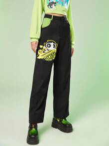The Powerpuff Girls | ROMWE Cartoon Graphic Straight Leg Pants - Black - View 6