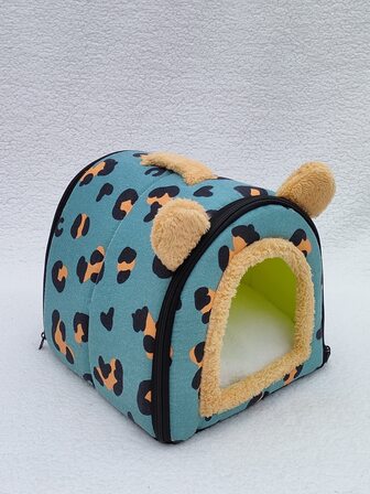 1 pieza Cama para mascotas con patrón de leopardo con dibujos animados con diseño de oreja