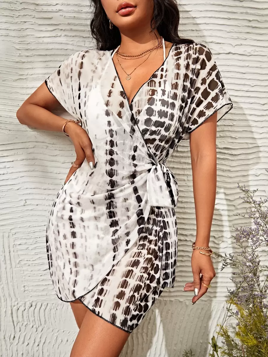 Swim Lushoire Summer Beach Tie Dye Knot Side Kimono Without Bikini - Black and White - View 1