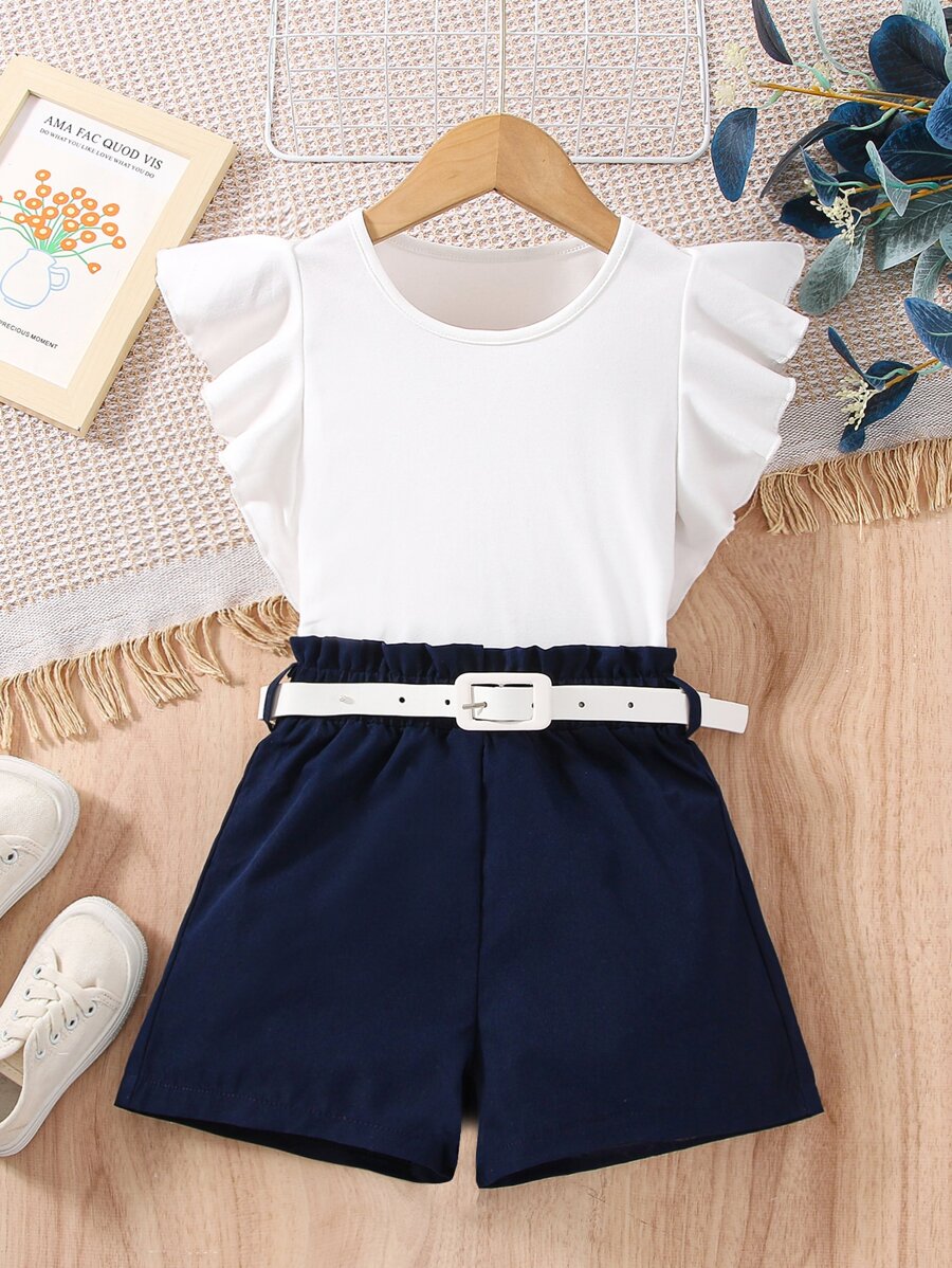 Toddler Girls Ruffle Trim Tee & Paperbag Waist Shorts - Blue and White - View 1