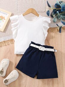 Toddler Girls Ruffle Trim Tee & Paperbag Waist Shorts - Blue and White - View 4