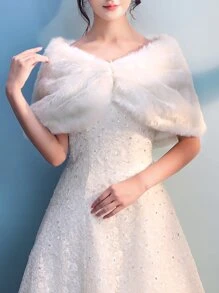Trang trí ngọc trai giả, khăn choàng cưới mềm mại, quần áo mùa thu cho phụ nữ - trắng - Xem 4