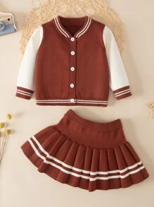 Baby Striped Trim Cardigan & Pleated Knit Skirt - Rust Brown - View 1