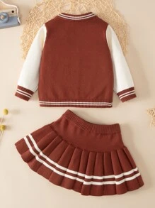 Baby Striped Trim Cardigan & Pleated Knit Skirt - Rust Brown - View 2