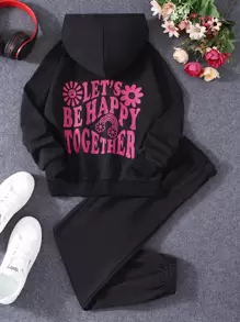 Girls Slogan & Cartoon Graphic Hoodie & Sweatpants - Black - View 1