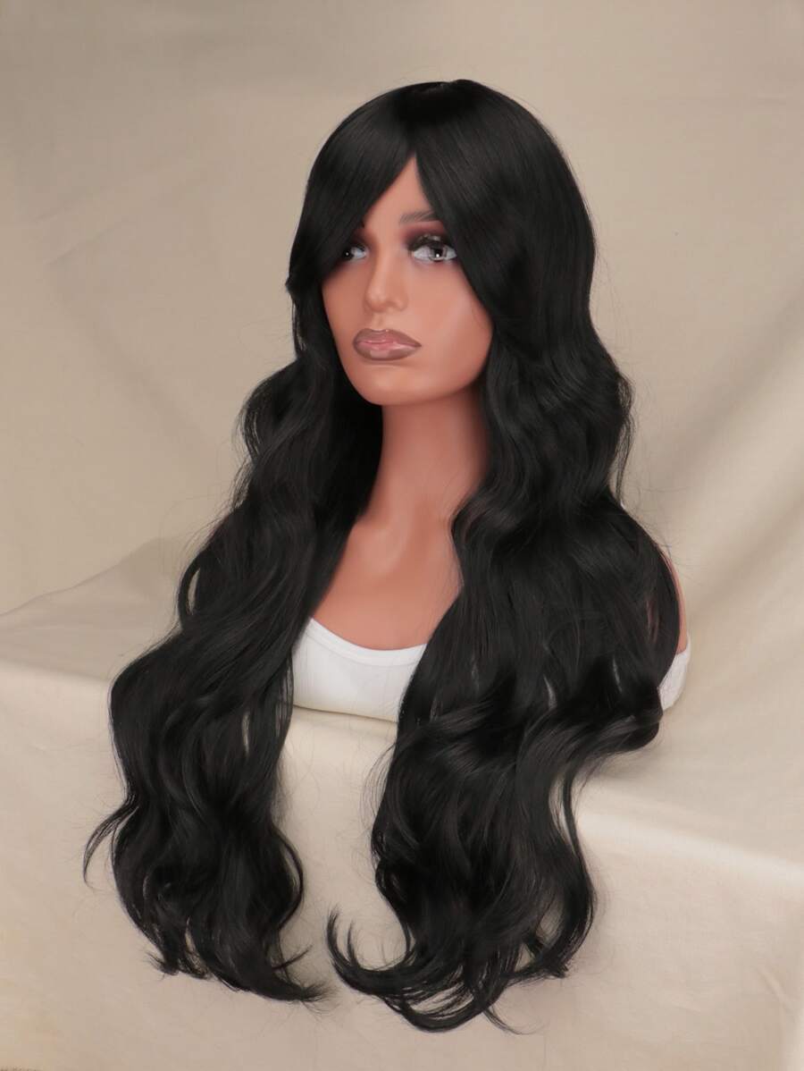 Natural Long Curly Synthetic Wig With Bangs - Black - View 1