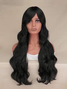 Natural Long Curly Synthetic Wig With Bangs - Black - View 2