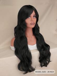 Natural Long Curly Synthetic Wig With Bangs - Black - View 3