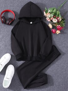 Girls Slogan & Cartoon Graphic Hoodie & Sweatpants - Black - View 2