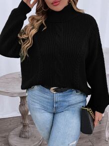 SHEIN LUNE Plus Turtleneck Cable Knit Drop Shoulder Jumper - Black - View 1