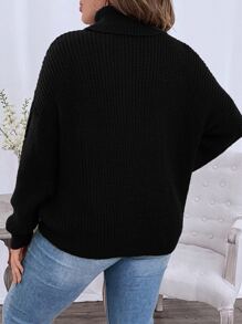 SHEIN LUNE Plus Turtleneck Cable Knit Drop Shoulder Jumper - Black - View 2