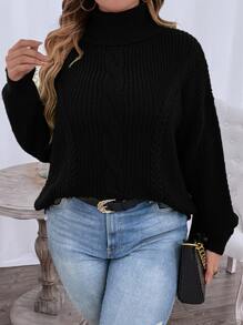 SHEIN LUNE Plus Turtleneck Cable Knit Drop Shoulder Jumper - Black - View 6
