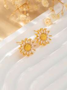 4pcs Luxury Zirconia Sunflower Earrings, Necklace, Ring Jewelry Set For Women, Wedding - Yellow Gold - View 7