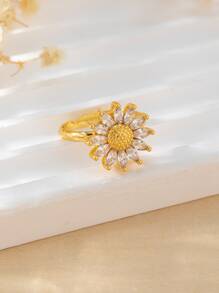 4pcs Luxury Zirconia Sunflower Earrings, Necklace, Ring Jewelry Set For Women, Wedding - Yellow Gold - View 6