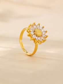 4pcs Luxury Zirconia Sunflower Earrings, Necklace, Ring Jewelry Set For Women, Wedding - Yellow Gold - View 5