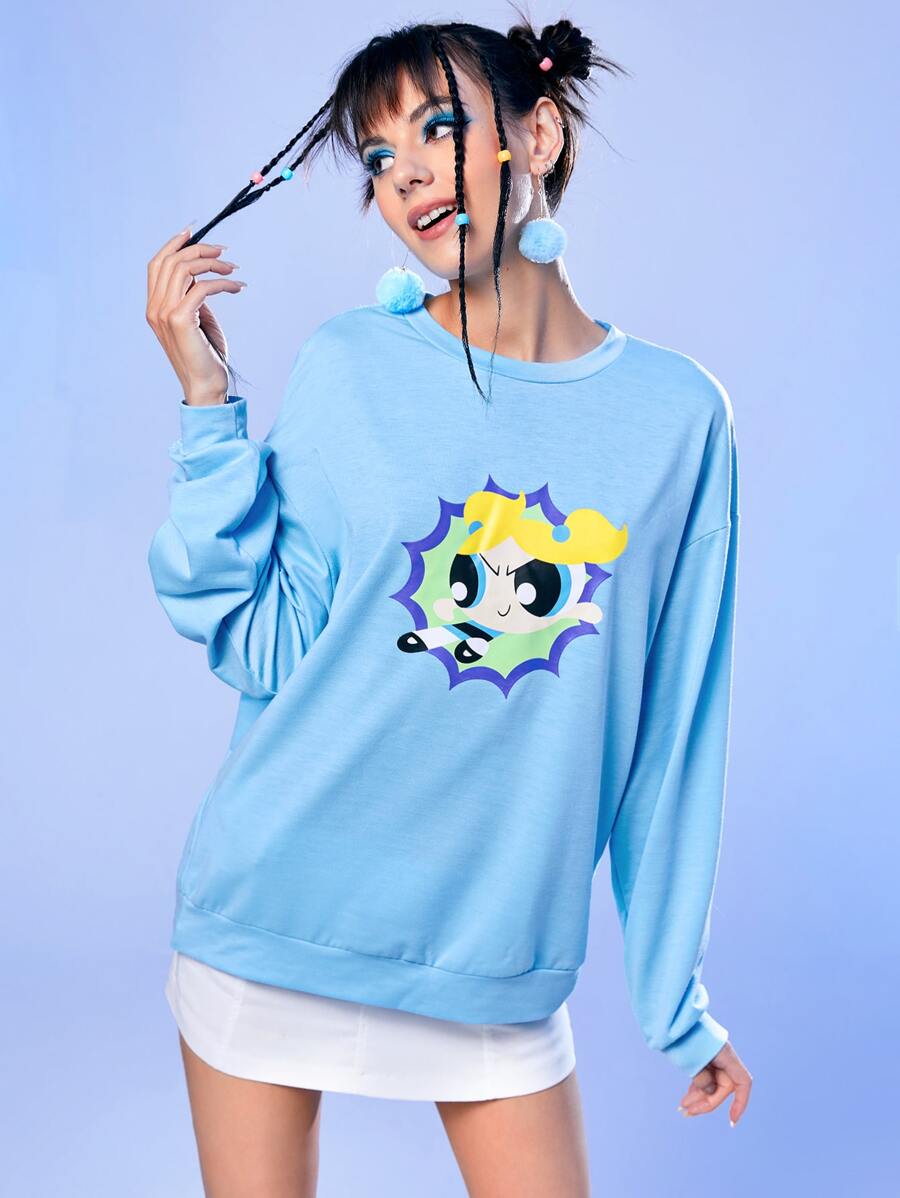 The Powerpuff Girls | ROMWE Cartoon Graphic Drop Shoulder Sweatshirt - Blue - View 1