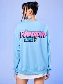 The Powerpuff Girls | ROMWE Cartoon Graphic Drop Shoulder Sweatshirt - Blue - View 2