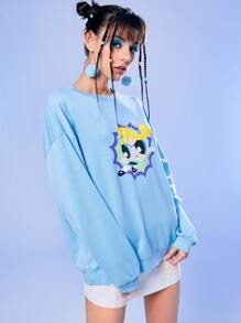 The Powerpuff Girls | ROMWE Cartoon Graphic Drop Shoulder Sweatshirt - Blue - View 6