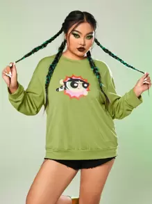 The Powerpuff Girls | ROMWE Plus Cartoon Graphic Drop Shoulder Sweatshirt - Green - View 1