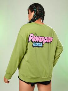 The Powerpuff Girls | ROMWE Plus Cartoon Graphic Drop Shoulder Sweatshirt - Green - View 2