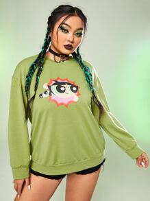 The Powerpuff Girls | ROMWE Plus Cartoon Graphic Drop Shoulder Sweatshirt - Green - View 5