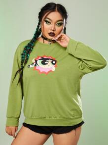 The Powerpuff Girls | ROMWE Plus Cartoon Graphic Drop Shoulder Sweatshirt - Green - View 7