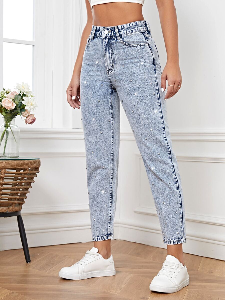 SHEIN Frenchy Jeans de ajuste mom de talle alto con diseño de diamante de imitación - Lavado ligero - Ver 1