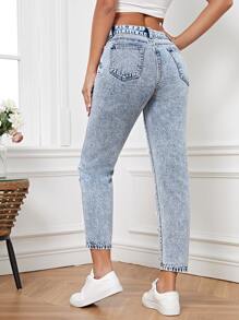 SHEIN Frenchy Jeans de ajuste mom de talle alto con diseño de diamante de imitación - Lavado ligero - Ver 2