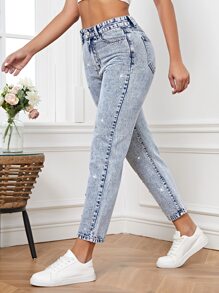 SHEIN Frenchy Jeans de ajuste mom de talle alto con diseño de diamante de imitación - Lavado ligero - Ver 3
