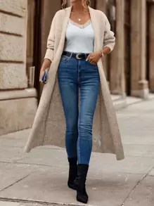 SHEIN LUNE Nữ Cardigans màu trơn Giải trí - Màu be - Xem 5