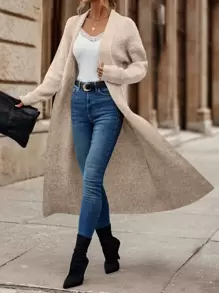 SHEIN LUNE Nữ Cardigans màu trơn Giải trí - Màu be - Xem 6