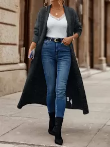 EMERY ROSE Cárdigan de plumero de cuello esmoquin de hombros caídos - Negro - Ver 6