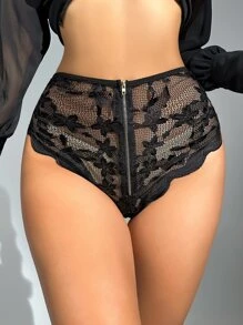 Floral Lace Zip Front Panty Lingerie - Black - View 5