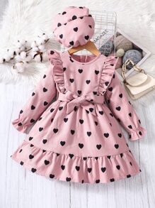 SHEIN 小女童愛心圖案荷葉邊荷葉袖腰帶燈芯絨洋裝