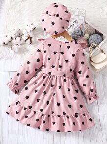 SHEIN 小女童愛心圖案荷葉邊荷葉袖腰帶燈芯絨洋裝