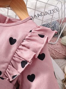 SHEIN 小女童愛心圖案荷葉邊荷葉袖腰帶燈芯絨洋裝