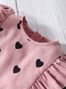 SHEIN 小女童愛心圖案荷葉邊荷葉袖腰帶燈芯絨洋裝