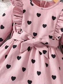 SHEIN 小女童愛心圖案荷葉邊荷葉袖腰帶燈芯絨洋裝