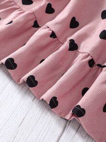 SHEIN 小女童愛心圖案荷葉邊荷葉袖腰帶燈芯絨洋裝