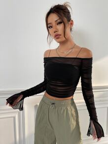 SHEIN ICON Spring Black Off The Shoulder Flounce Sleeve Ruched Mesh Top Without Cami Top - Black - View 3