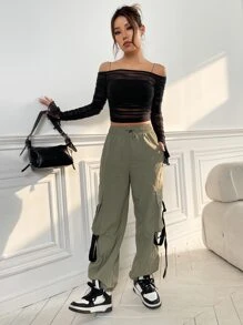 SHEIN ICON Spring Black Off The Shoulder Flounce Sleeve Ruched Mesh Top Without Cami Top - Black - View 6